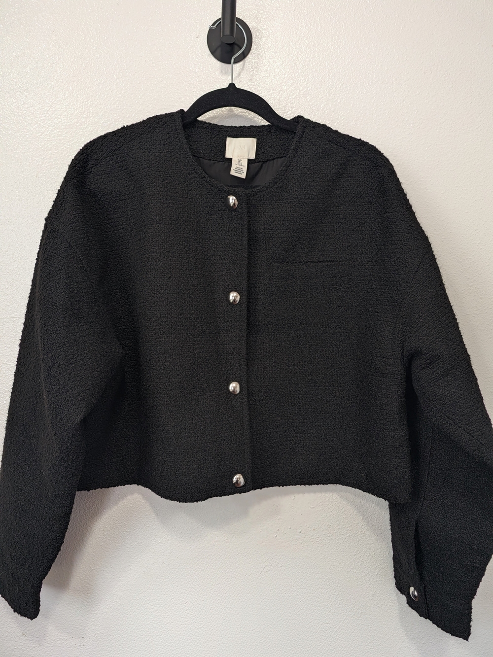 Black Bouclé Cropped Button Jacket